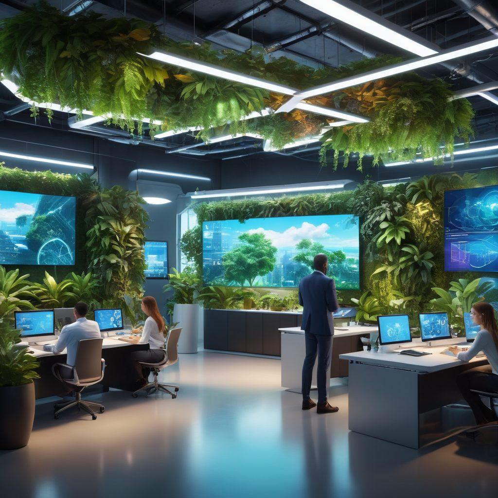 A dynamic scene depicting diverse entrepreneurs collaborating around a high-tech workspace, surrounded by digital screens showcasing innovative ideas and futuristic designs. Include elements representing sustainability, technology, and creativity, such as green plants intertwined with gadgets and holograms. The atmosphere should feel vibrant and energetic, symbolizing growth and transformation. super-realistic. vibrant colors. 3D.