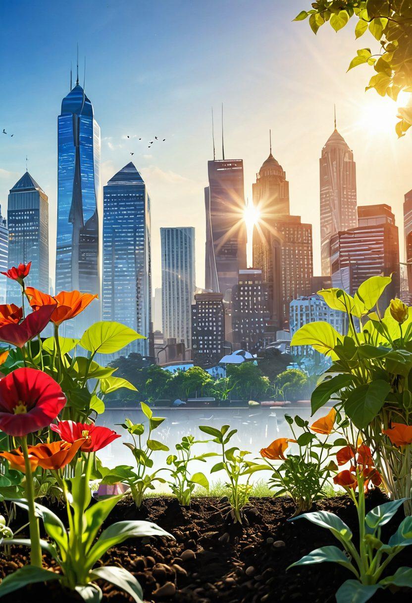 A vibrant garden with seeds sprouting and growing into flourishing plants, symbolizing business development. In the background, a bustling city skyline represents success and opportunity. Incorporate visual elements like growth charts and currency notes blending into the plants, illustrating funding. Bright sunlight shining down to evoke a sense of hope and prosperity. Use a super-realistic style with vibrant colors.